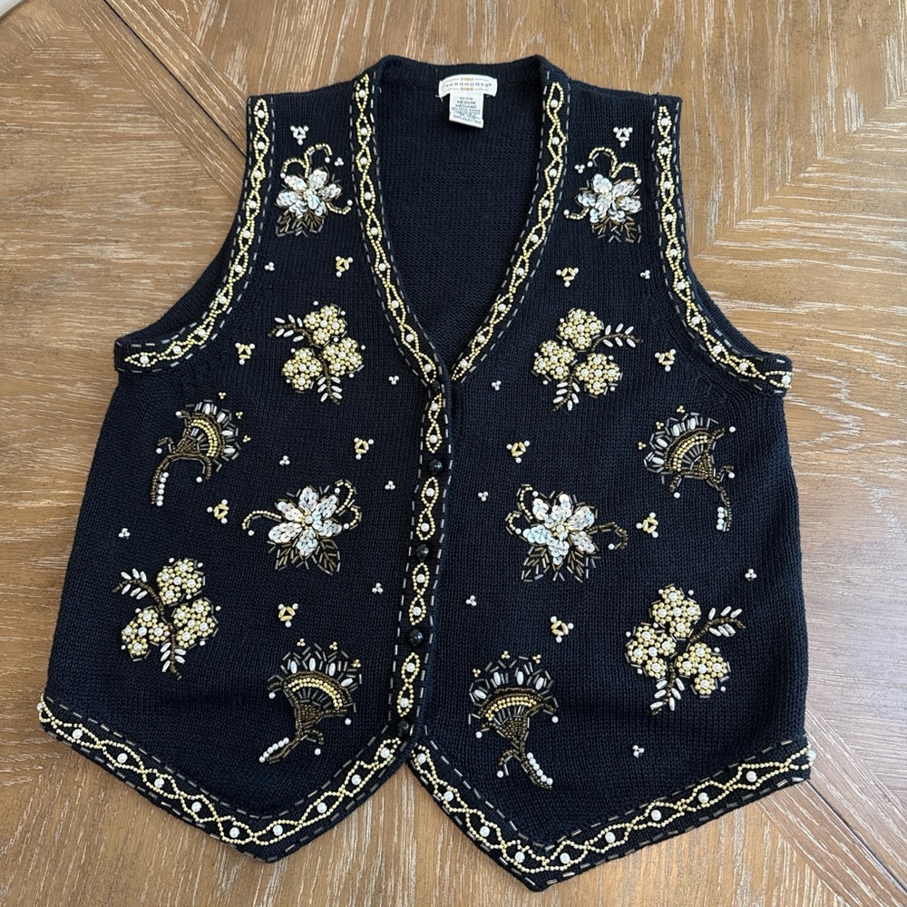 Vintage Yarnworks Embroidered Beaded Black and gold sweater Vest
